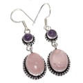 Enchanting Natural Pink Rose Quartz and Purple Amethyst Earrings .925 Silver