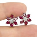 Deluxe Natural  Blood Red Ruby and White CZ Gemstone Set in Solid .925 Sterling Silver Earrings