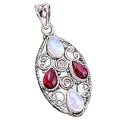 Indonesian - Bali Natural Garnet and Rainbow Moonstone Solid .925 Sterling Silver Pendant