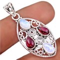 Indonesian - Bali Natural Garnet and Rainbow Moonstone Solid .925 Sterling Silver Pendant