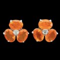 Rare Ethiopian Top Rich Orange Opal & White Cubic Zirconia Solid .925 Sterling Silver Stud Earrings