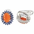 Rare Ethiopian Top Rich Orange Opal & 72 Blue Sapphires in Solid .925 Sterling Silver Stud Earrings