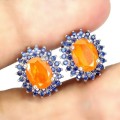 Rare Ethiopian Top Rich Orange Opal & 72 Blue Sapphires in Solid .925 Sterling Silver Stud Earrings