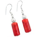 15.86 cts Stunning Natural Faceted Red Sponge Coral, White Pearl Solid .925 Silver Earrings