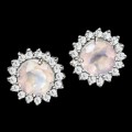 Natural Rose Quartz, AAA White Cubic Zirconia Solid.925 Sterling Silver 14K White Gold Stud Earring