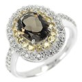 Deluxe Natural Smoky Quartz, Citrine, White Cz Solid .925 Sterling Silver 14K White Gold Ring 7.5