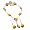 Elegant Faceted Citrine Gemstone .925 Silver Necklace And Earrings Set