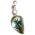 Handmade Natural New Zealand Abalone Shell and White River Pearl 925 Sterling Silver Pendant
