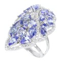 Deluxe Natural Unheated Tanzanite and AAA White Cubic Zirconia Ring  Solid .925 Silver Size US 7.25