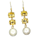 Natural Unheated Rich Yellow Citrine 8x6mm White Pearl 925 Sterling Silver 14K Yellow Gold Earrings