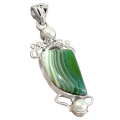 Natural Botswana Lace Agate and White Pearl Gemstone Solid .925 Sterling Silver Pendant