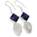 Natural Rainbow Moonstone, Sapphire Quartz .925 Sterling Silver Plated Earrings