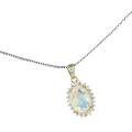 Natural Unheated Rainbow Moonstone, White Cubic Zirconia Solid .925  Silver Necklace