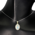 Natural Unheated Rainbow Moonstone, White Cubic Zirconia Solid .925  Silver Necklace