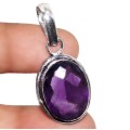 Handmade Faceted Purple Amethyst Oval Gemstone .925 Silver Pendant