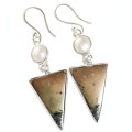 Natural Peruvian Pyrite in Magnetite, White Pearl  Gemstone Solid .925 Sterling Silver Earrings