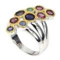 Natural Iolite, Emerald Garnet Sapphire Two Tone Solid .925 Sterling Silver Ring Size 9 or R 1/2