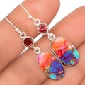 Natural Kingman Pink Dahlia Turquoise and Garnet Gemstone Solid .925 Sterling Silver Earrings