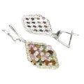 Natural Unheated Multi-Tourmaline and Sapphires Solid. 925 Sterling Silver Earrings