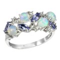 Natural Unheated Ethiopian Fire Opal And Tanzanite, CZ Gemstone Solid .925 Sterling Ring Size 8