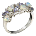 Natural Unheated Ethiopian Fire Opal And Tanzanite, CZ Gemstone Solid .925 Sterling Ring Size 8