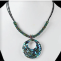 Handmade New Zealand Abalone Shell and Peacock Colours Beadwork Necklace