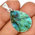 Natural Blue Fire Rough Labradorite Pear Gemstone set in Solid .925 Silver Sterling Pendant