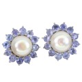 Rare Natural Unheated Tanzanite and White Pearl Solid .925 Silver & White Gold Stud Earrings