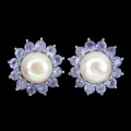 Rare Natural Unheated Tanzanite and White Pearl Solid .925 Silver & White Gold Stud Earrings