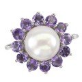 12 Natural Unheated Purple Amethyst and White Pearl Solid .925 Silver 14K white Gold Ring 7 or O