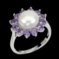 12 Natural Unheated Purple Amethyst and White Pearl Solid .925 Silver 14K white Gold Ring 7 or O
