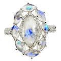 Deluxe Natural Blue Schiller Moonstone, White Cubic Zirconia Solid .925  Silver Ring Size 8 or Q