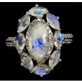 Deluxe Natural Blue Schiller Moonstone, White Cubic Zirconia Solid .925  Silver Ring Size 8 or Q