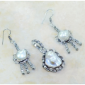 Dainty Handmade Natural Biwa Pearl Gemstone . 925 Silver Pendant and Earrings Set