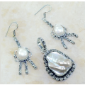 handmade Antique Style Natural Biwa Pearl Gemstone . 925 Silver Pendant and Earrings Set