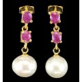 Deluxe Natural Blood Red Heated Ruby and Pearl Set in Solid .925 Sterling Silver 14K Y/Gold Earrings