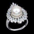 Natural Creamy White Pearl ,White CZ Solid .925 Sterling Silver Ring Size US 9.5 or S1/2