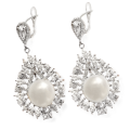 Deluxe Natural Creamy White Pearl ,White CZ Solid .925 Sterling Silver 14K White Gold Earrings
