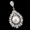 Deluxe Natural Creamy White Pearl ,White CZ Solid .925 Sterling Silver 14K White Gold Pendant