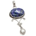 Natural Copper Charoite and White River Pearl set in .925 Sterling Silver Pendant