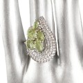 Natural Unheated Peridot, AAA White Zirconia Gemstone Solid .925 Silver Ring Size 7.25