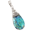 Very Rare Natural Lightning Azurite with Quartz set in Solid .925 Sterling Silver Pendant
