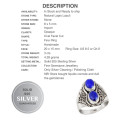 3 cts Natural Lapis Lazuli Ovals Gemstone .925 Silver Ring Size 8.5 or Q1/2