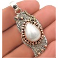 Three Tone Natural White Pearl  Solid .925  Sterling Silver Pendant