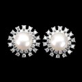 Deluxe 8mm Natural Freshwater White Pearl, White CZ Solid .925 Silver 14K White Gold Stud Earrings