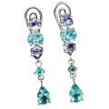 Rare Natural Unheated Tanzanite and Apatite Solid .925 Silver & White Gold Earrings