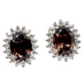 23.85cts Natural Unheated Smoky Quartz White Cubic Zirconia .925 Sterling Silver 14K W/Gold Earrings