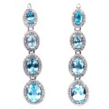 Deluxe Unheated Sky Blue Topaz Ovals & White CZ Gemstone Solid .925 Silver 14K White Gold Earrings