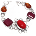 Handmade Red Coral, Ruby, Amber Gemstone .925 Sterling Silver Bracelet