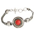 Handmade Turkish Style Red Coral, White Topaz Gemstone 925 S /Silver Bracelet